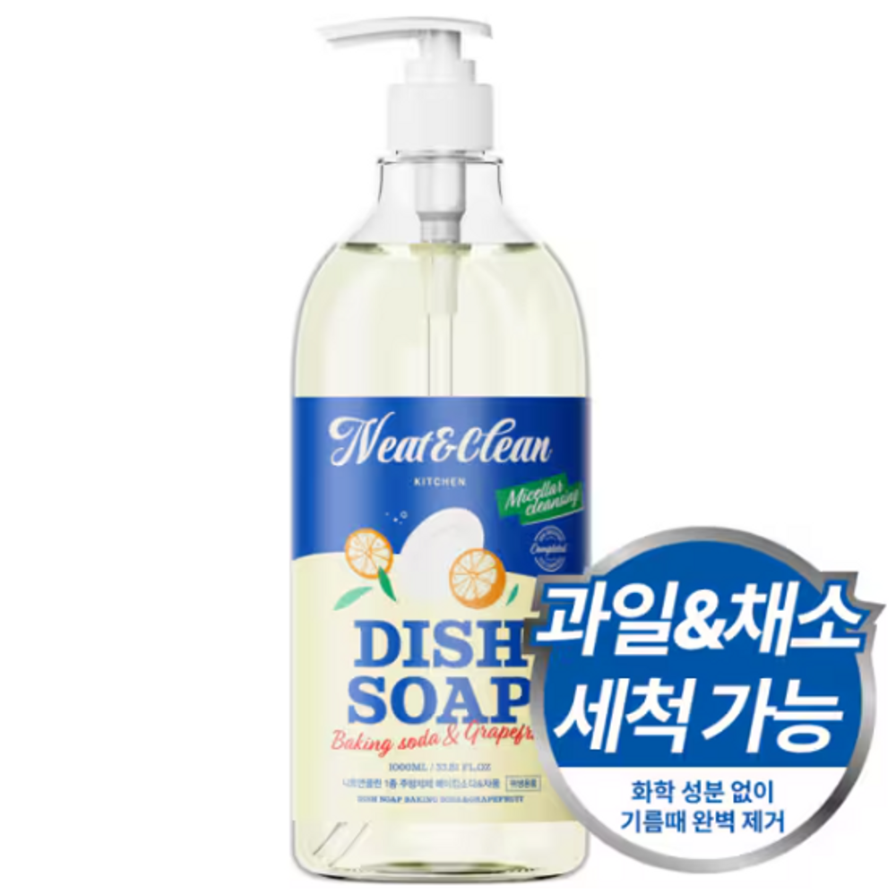 NEAT & CLEAN Dish Soap Baking Soda & Grapefruit 1000ml Sweet Fruity Scent All-in-One Kitchen Cleanser ECOCERT Ingredients _ Made in Korea